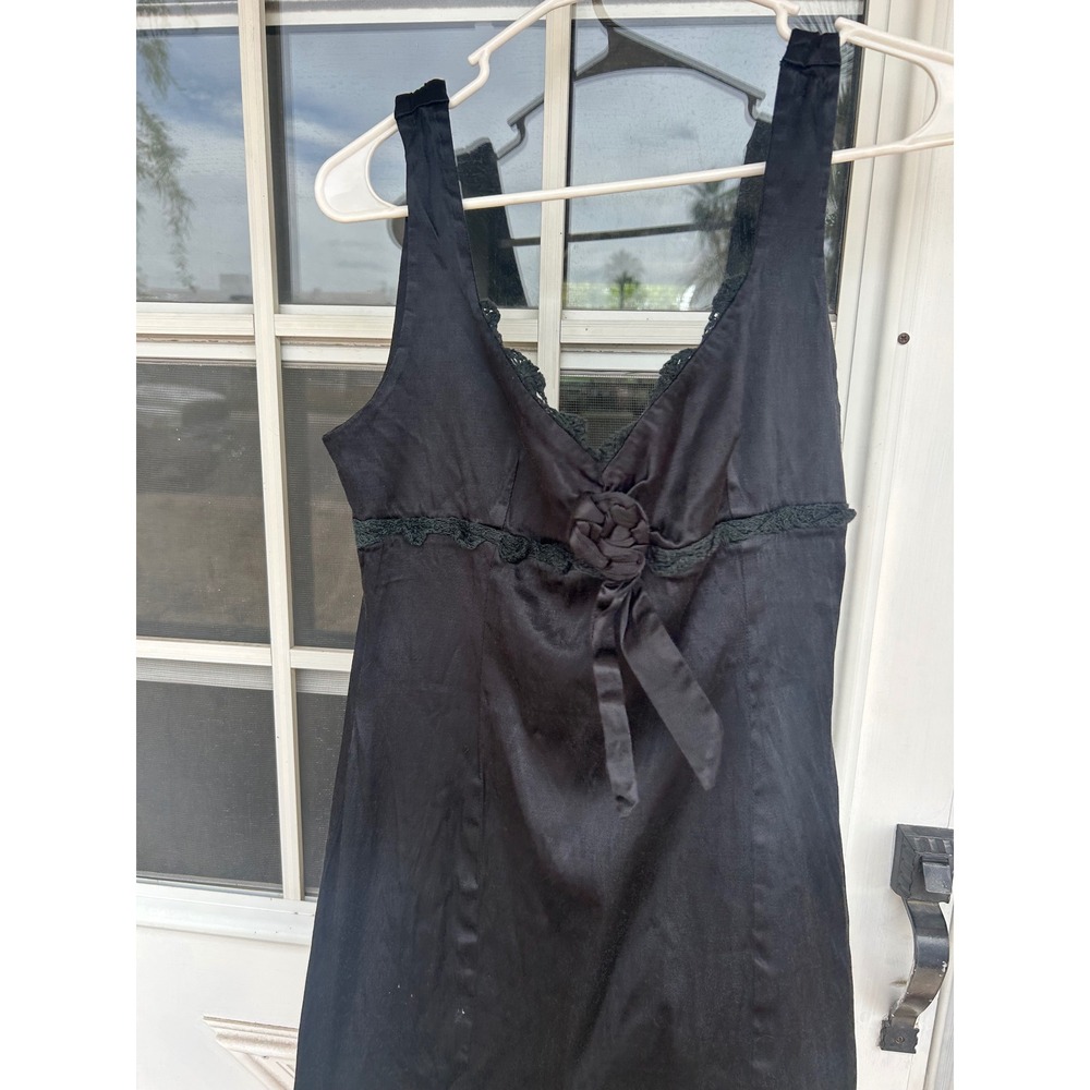 Vintage Bebe Black Satin Lace‎ Trim Rosette Empire Waist Mini Dress Y2K Coquette - Picture 5 of 15